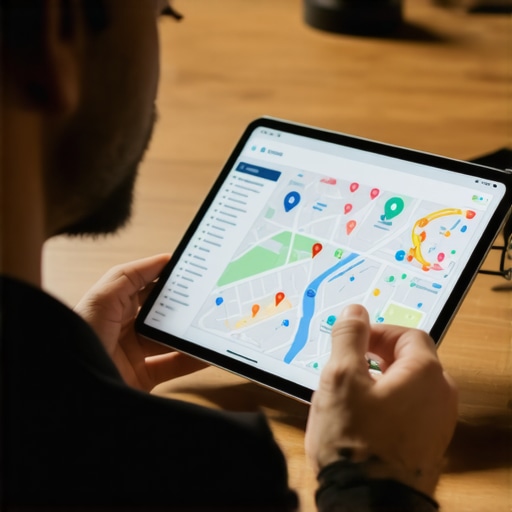 Business owner reviewing SEO analytics on a tablet showing local map data