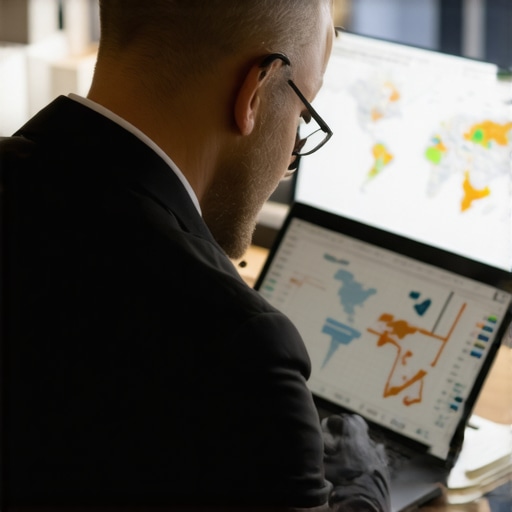 Business owner reviewing local SEO analytics on a laptop with maps and graphs.