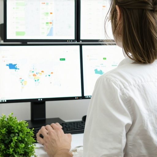 Deep Dive into Local SEO Data Analysis Marketer analyzing local SEO metrics and Google My Business insights on screens