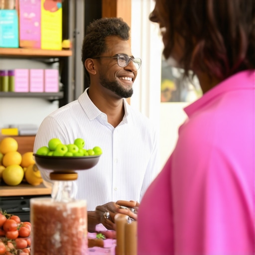 Business owner talking to customers in a local shop to encourage reviews