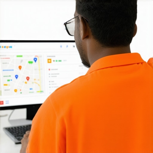 Business owner working on GMB profile optimization with maps and analytics in background