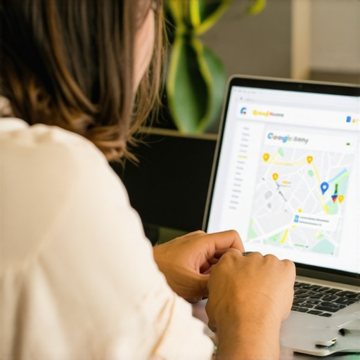 Optimizing Google My Business Profile Business owner optimizing GMB profile on laptop