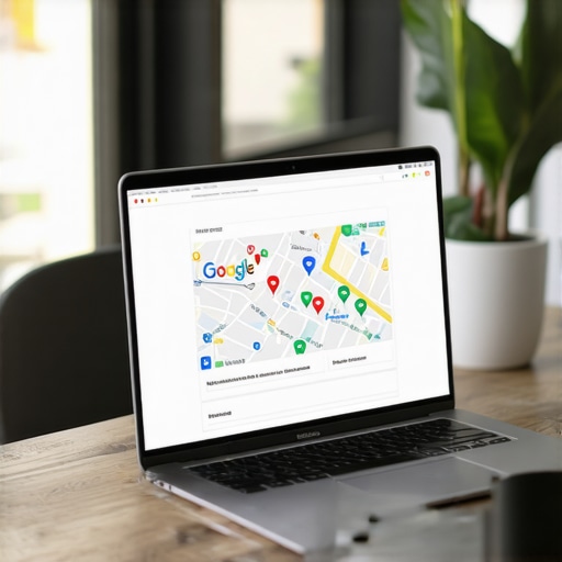 Business owner working on Google My Business profile on a laptop, with maps and local search visuals.