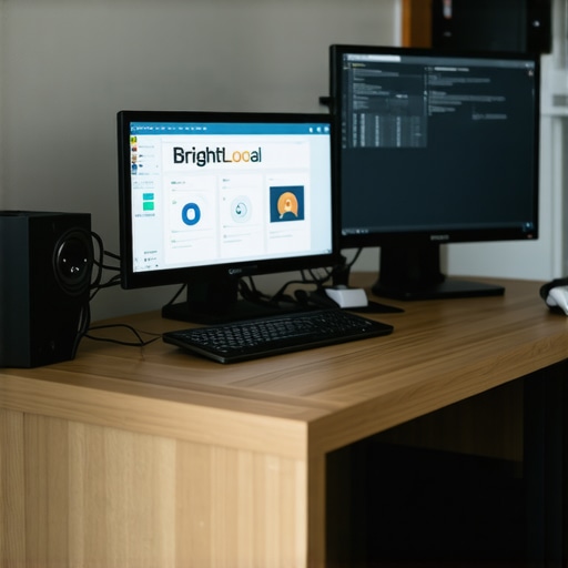 A professional workspace featuring screens displaying BrightLocal and Whitespark dashboards for local SEO management.