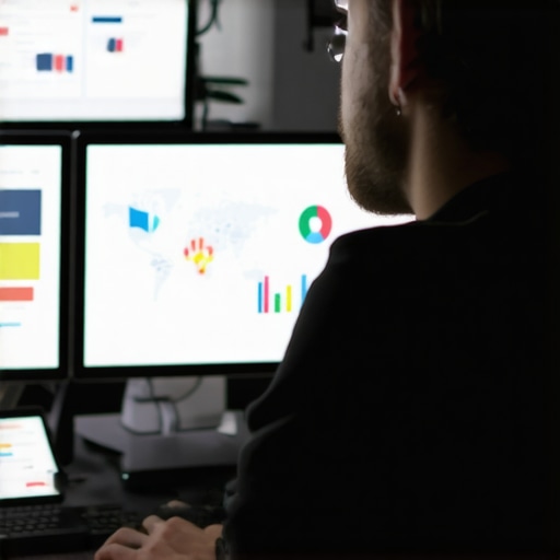 Expert analyzing local SEO metrics Digital marketer reviewing local SEO analytics on multiple screens.