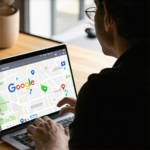 Business owner updating Google My Business profile on computer in local setting