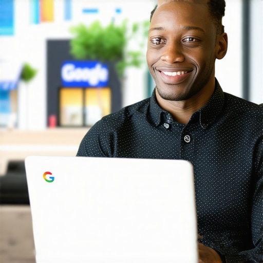 Business owner updating their Google My Business listing on a laptop, symbolizing local SEO efforts.