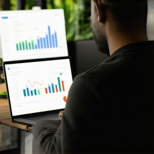 Person updating GMB profile with growth charts in the background.