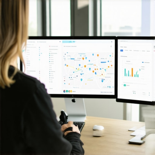 Business owner enhancing Google My Business profile on laptop showing maps and analytics.