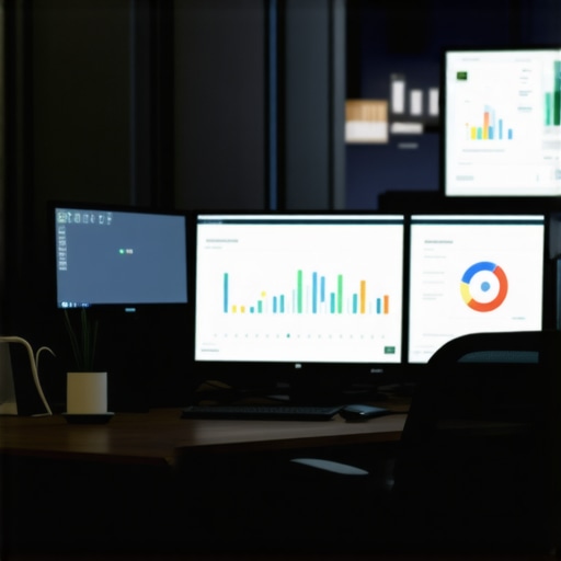 A workspace setup showing screens with SEO and Google My Business analytics charts.