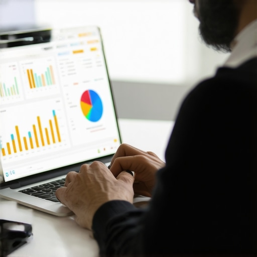 Digital Tools for Local SEO Maintenance Person analyzing local SEO performance using a laptop with analytics graphs.