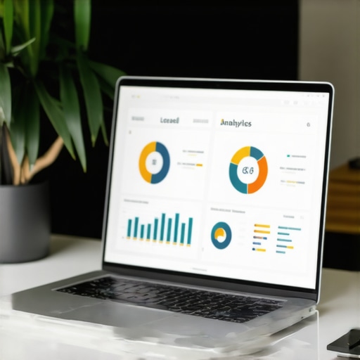 A workspace with a laptop showing local SEO performance metrics, charts, and graphs