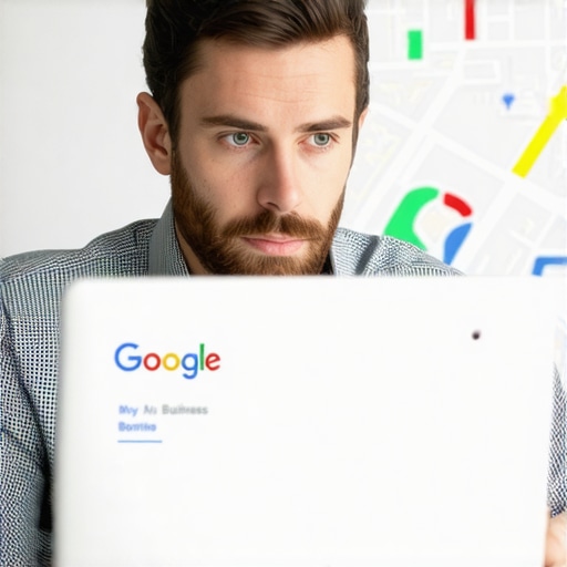 Optimizing GMB Profile for Better Maps Visibility Business owner adjusting Google My Business settings on a laptop, with local maps on screen.