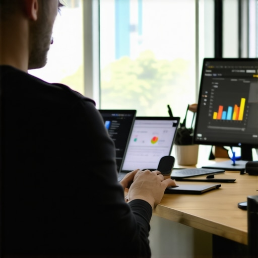 A detailed workspace setup showing analytics dashboards and content calendars for local SEO.