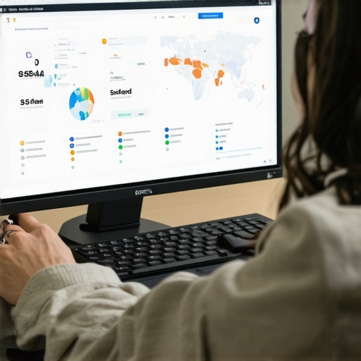 Person reviewing local SEO data highlighted on maps and analytics charts.