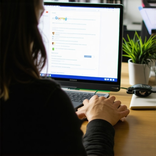 Business owner optimizing Google My Business profile with SEO tools.