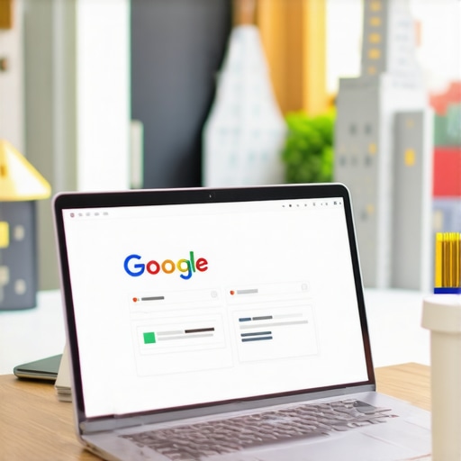 Business owner editing Google My Business profile on a laptop with local landmarks in background