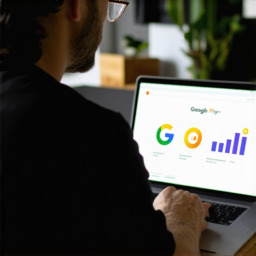 Business owner working on local SEO profile on laptop with charts