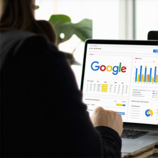 Business owner updating Google My Business profile on laptop with analytics