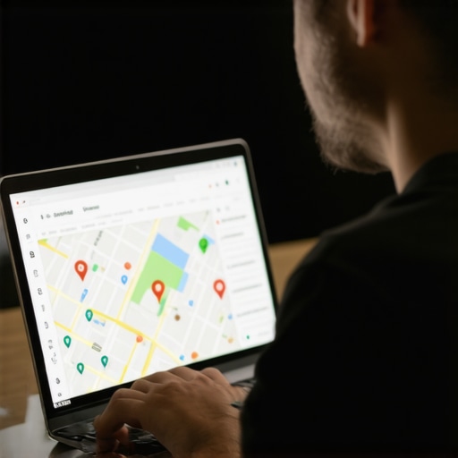 Business owner editing GMB profile on laptop with local maps in background.