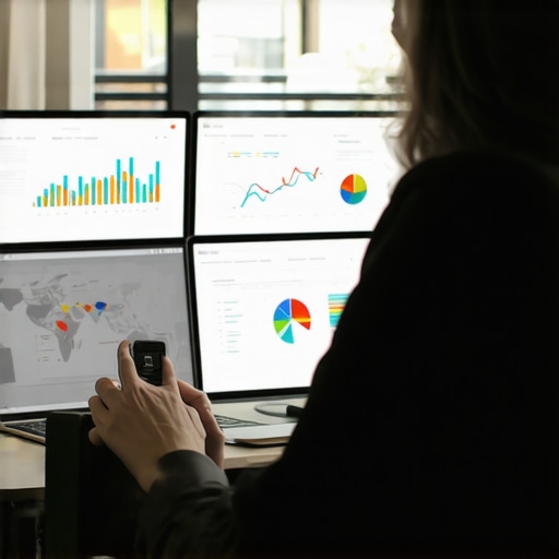 Person reviewing local SEO analytics on multiple screens in a modern office