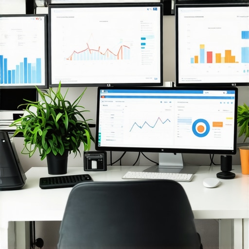 A modern office setup with computers displaying analytics and review management dashboards for local SEO.