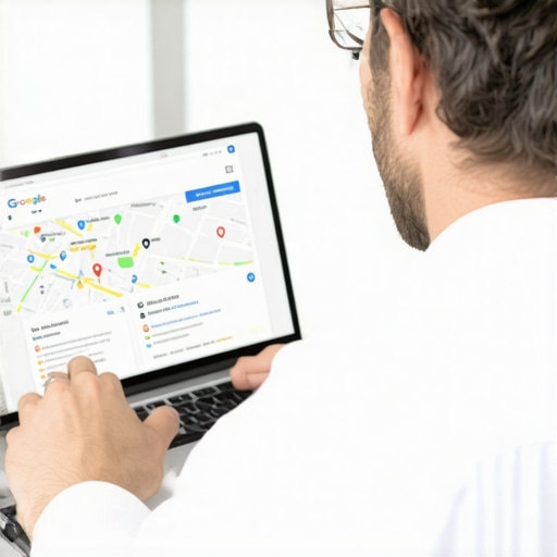 Business owner editing Google My Business profile on laptop with local map interface