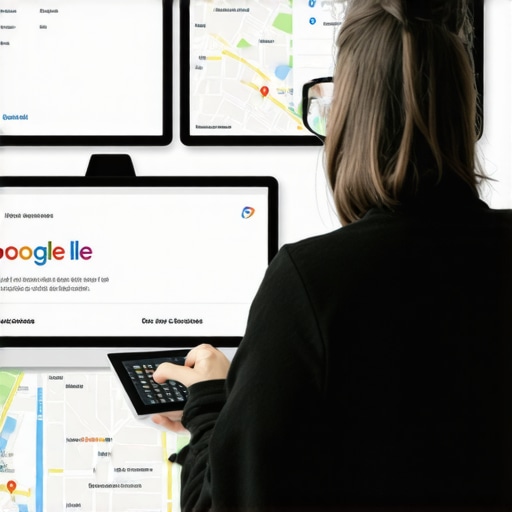Business owner working on local SEO tools in front of maps and digital devices