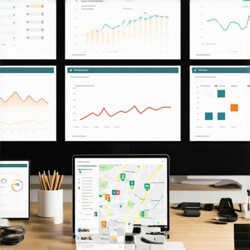 SEO Tools and Data Analytics Workspace for Local Business Workspace with multiple SEO dashboards, charts, and maps used for maintaining local Google Maps rankings.