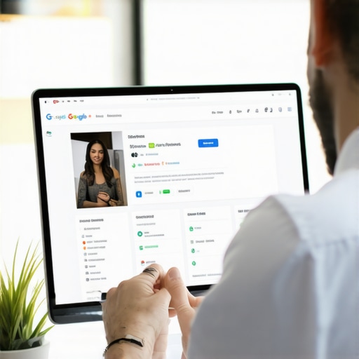Business owner editing GMB profile on laptop.