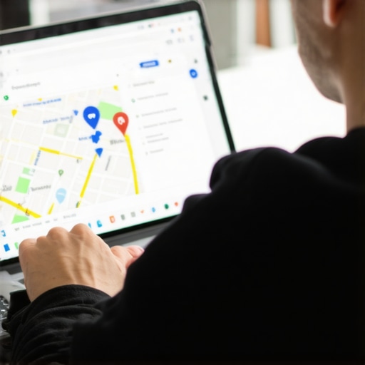 Person editing a Google My Business profile on a laptop near a map.