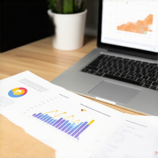 Desk with SEO software and analytics charts monitoring local business performance