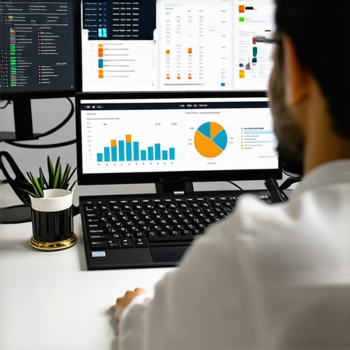 A person working on multiple monitors displaying local SEO analytics and maps